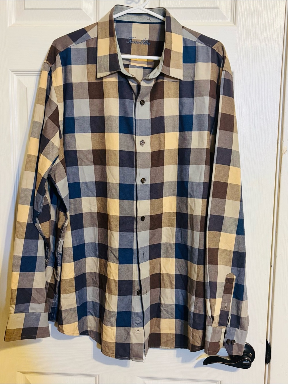 Tasso Elba Yellow, Navy & Brown Plaid Men’s Shirt XL 17-17.5
